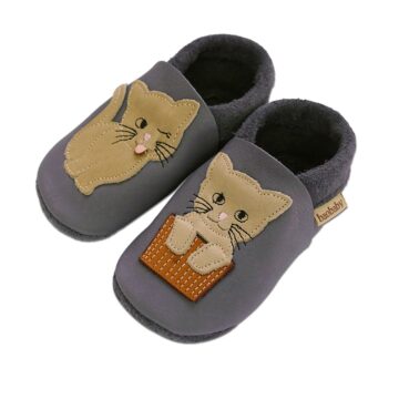 Μαλακά βρεφικά και παιδικά παπουτσάκια σχέδιο γατούλα γκρι