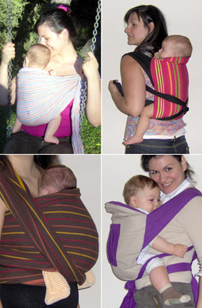 Babies with the correct leg position in an ergonomic carrier