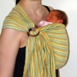 A baby upright in a carrier