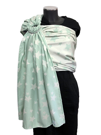 Μάρσιπος ring sling με κρίκους, από 100% οργανικό βαμβάκι, λεπτό και απαλό, σε χρώμα φυστικί-βεραμάν με αστεράκια