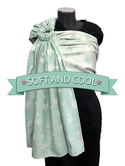 Μάρσιπος ring sling με κρίκους, από 100% οργανικό βαμβάκι, λεπτό και απαλό, σε χρώμα φυστικί-βεραμάν με αστεράκια