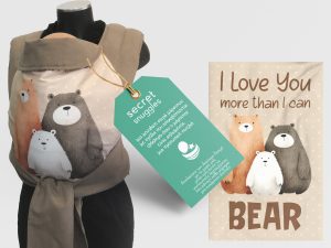 Ergonomic mei tai carrier with a bear family design in brown-grey, 100% cotton