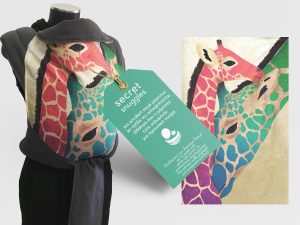 Ergonomic mei tai carrier with a giraffe and her baby design in dark graphite grey, 100% cotton, soft and cool fabric