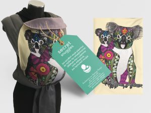 Ergonomic mei tai carrier with a koala and its baby design in dark graphite grey, 100% cotton, soft and cool fabric