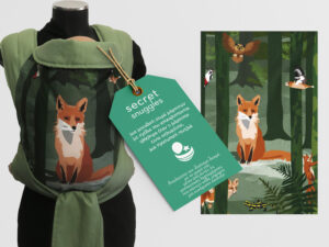 Ergonomic mei tai carrier with a fox in the forest design and avocado green, soft and cool fabric