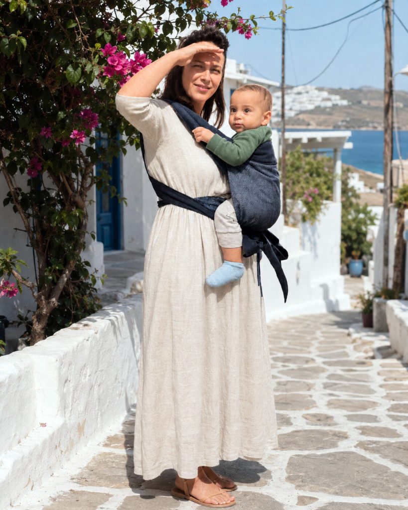 Μαμά με μωρό σε μάρσιπο mei tai σε βόλτα σε πλακόστρωτο μονοπάτι δίπλα στη θάλασσα